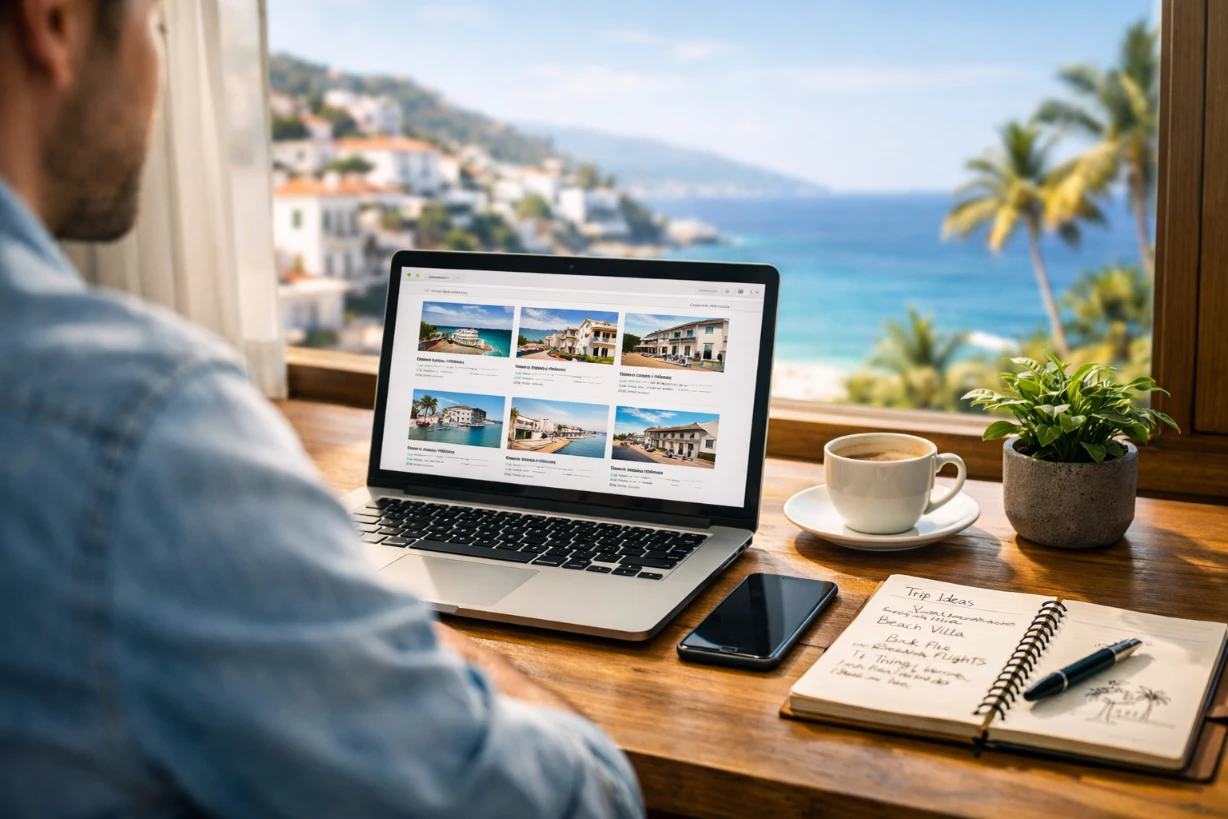 Voyageur réservant une location de vacances face à la mer depuis son ordinateur portable.