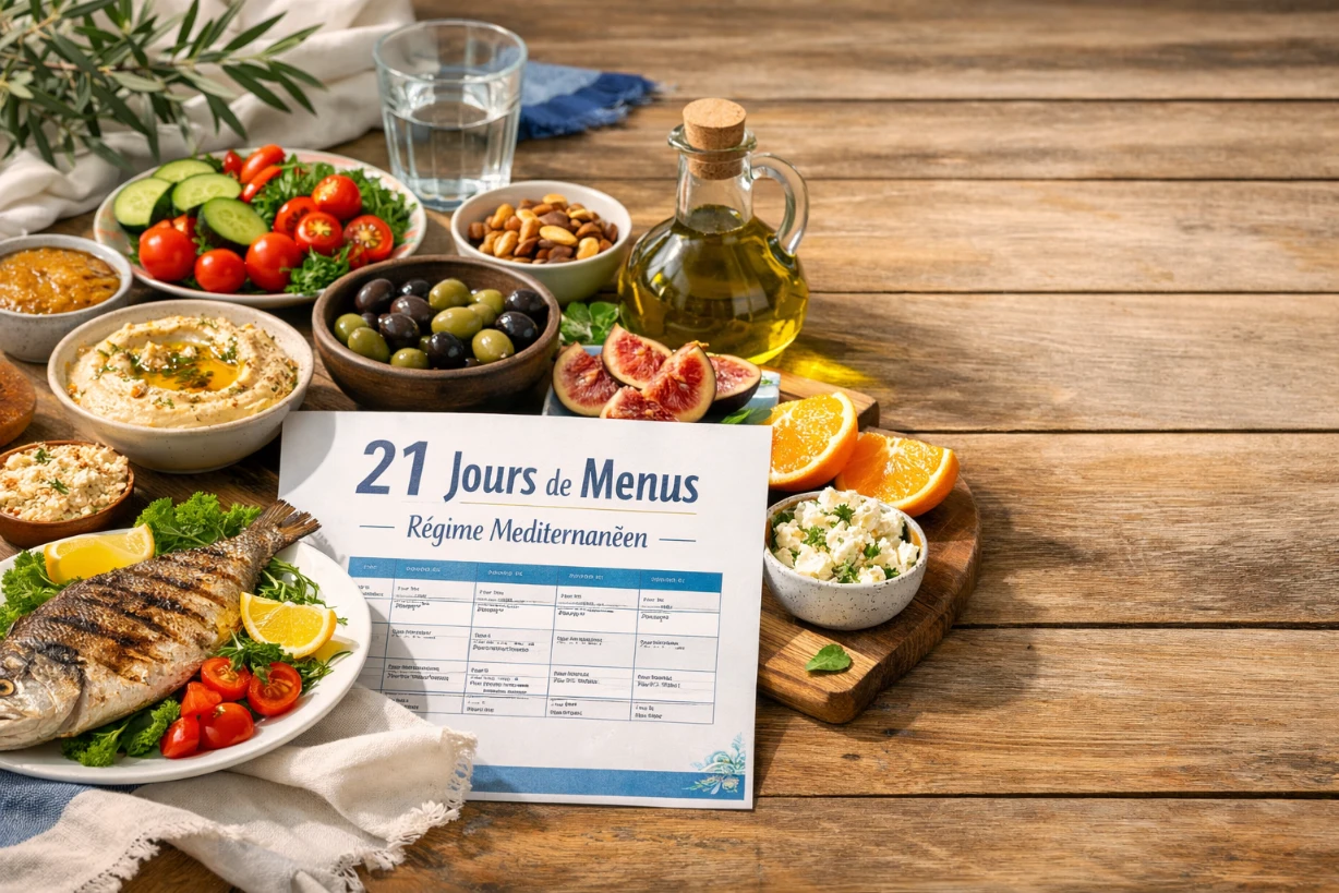 Table méditerranéenne colorée avec légumes, poisson grillé et menu 21 jours au centre.
