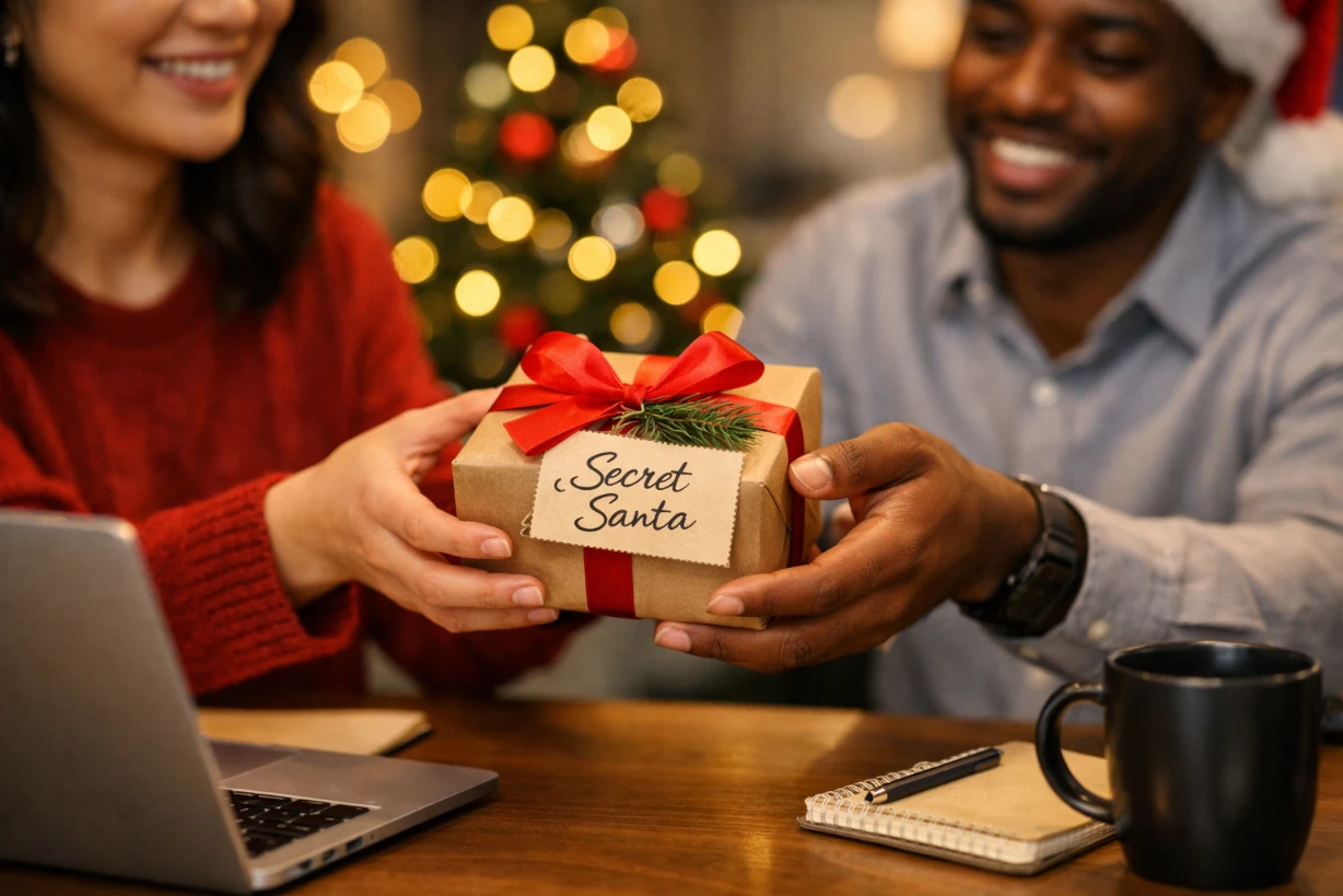 Échange de cadeau Secret Santa au bureau décoré pour Noël, ambiance chaleureuse et festive.
