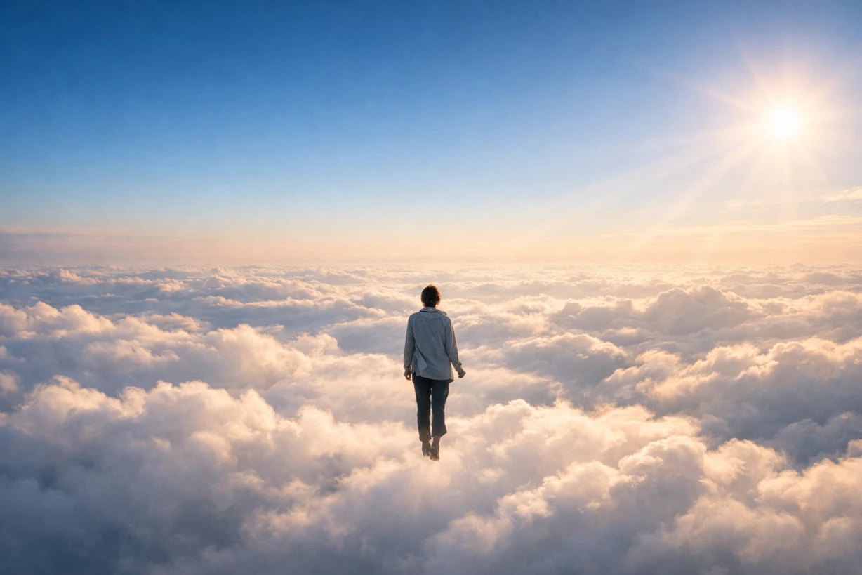 Une personne solitaire flotte au-dessus des nuages, baignée de lumière dorée sous un ciel clair et paisible.