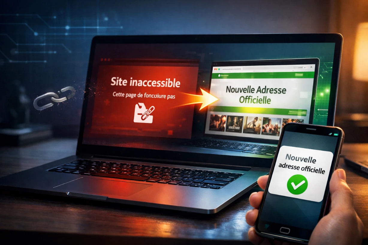 Ordinateur affichant site inaccessible et smartphone avec nouvelle adresse officielle verte.
