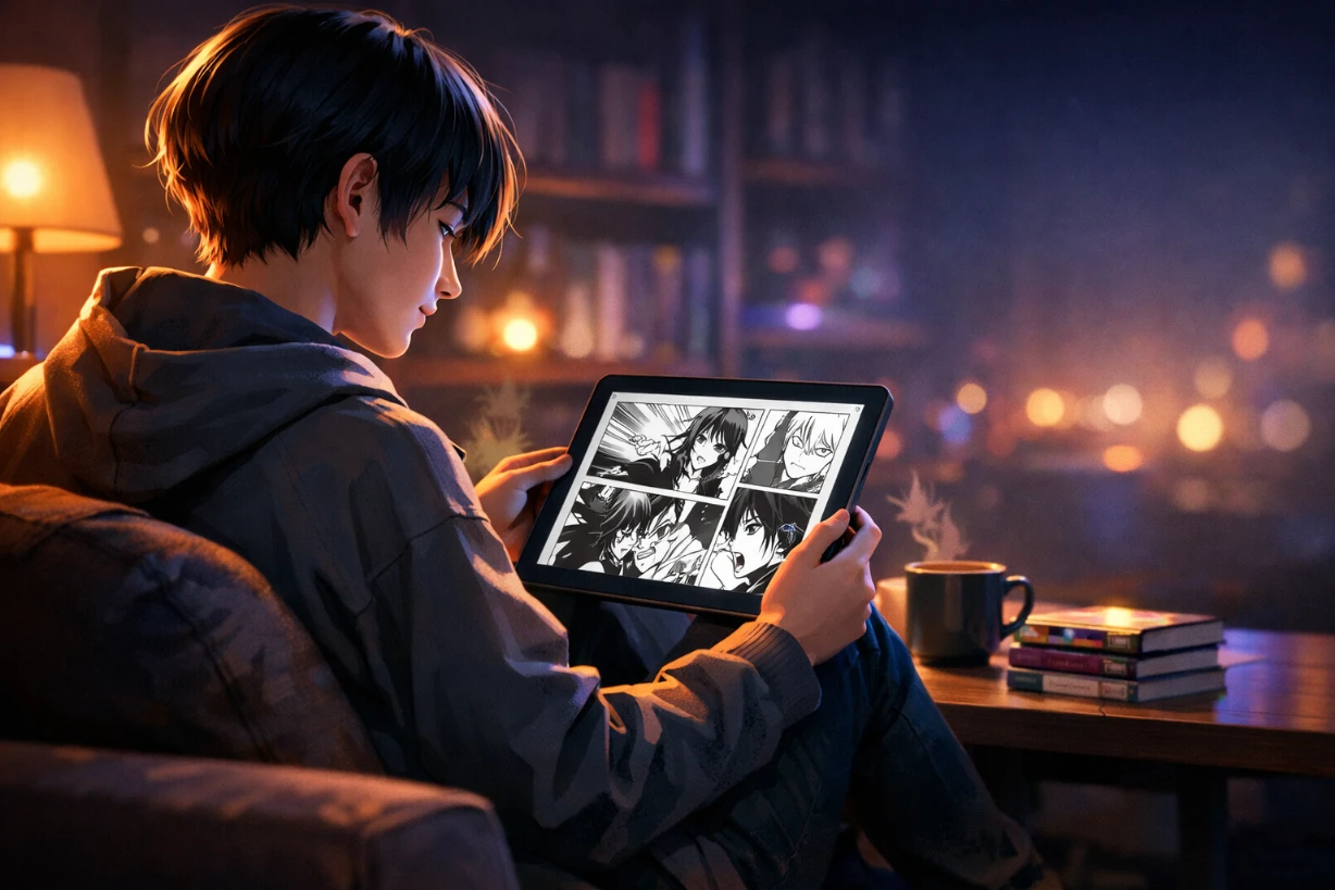 Jeune adulte lisant un manga en ligne sur tablette dans une ambiance nocturne moderne chaleureuse.