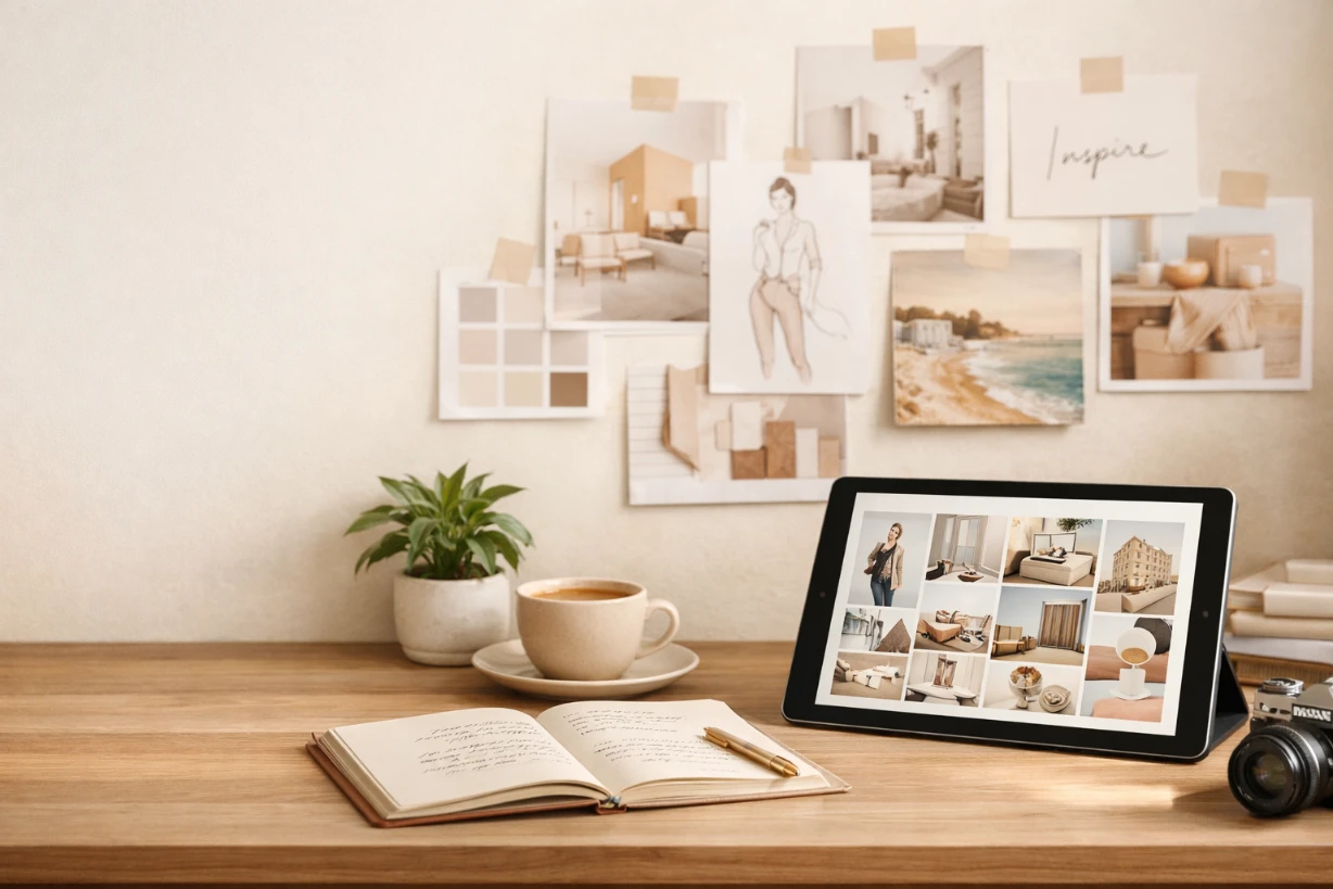 Espace de travail élégant avec moodboard, tablette et lumière naturelle chaleureuse inspirante.