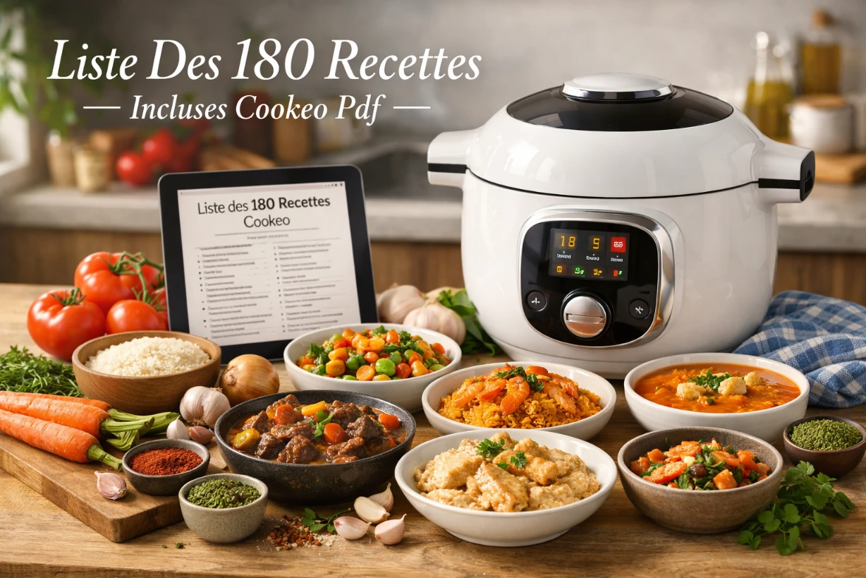Cookeo entouré de plats variés et d’un PDF listant 180 recettes en cuisine moderne lumineuse.