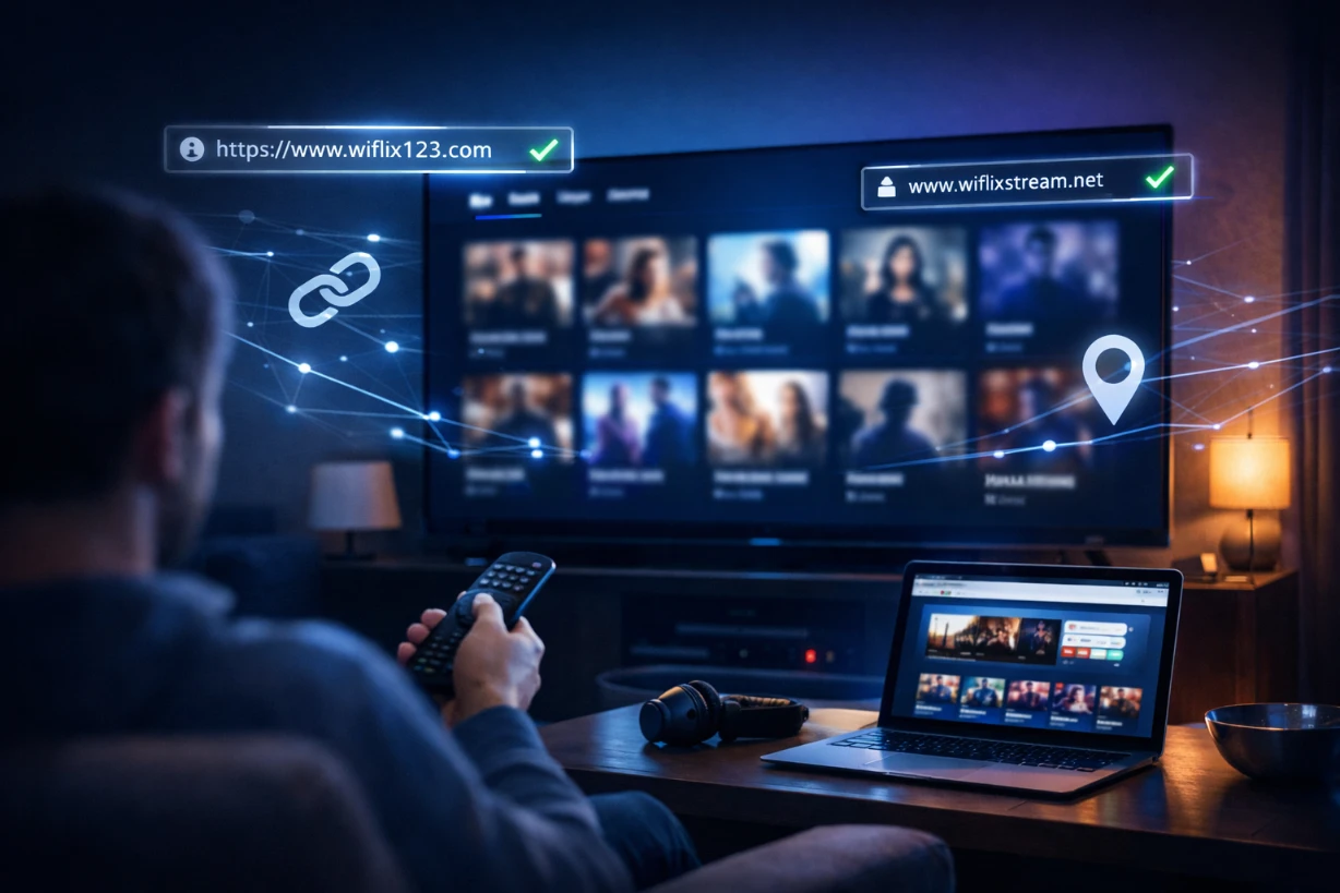 Salon moderne de nuit avec TV affichant une interface de streaming et effets numériques lumineux.