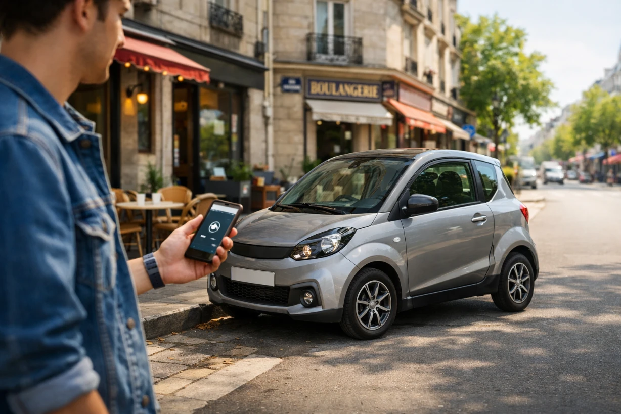 Jeune homme déverrouillant une voiture sans permis dans une rue française ensoleillée animée locale.
