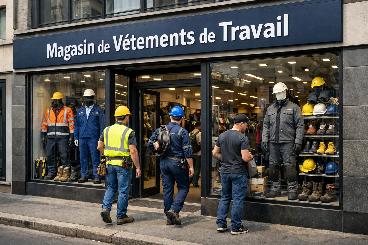 Devanture d’un magasin de vêtements de travail en ville avec mannequins et professionnels en tenue
