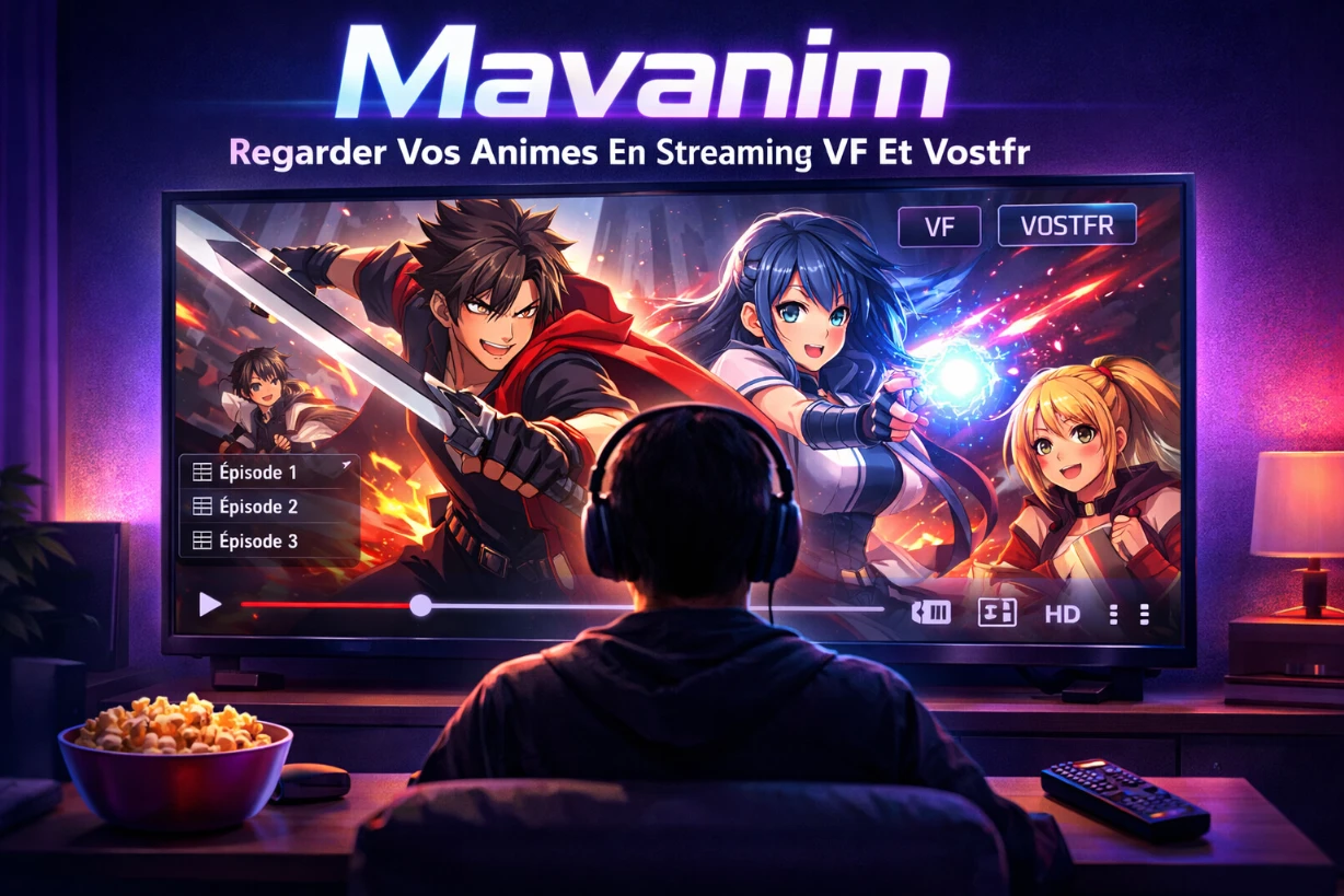Personne regarde des animes en streaming VF et VOSTFR sur grand écran, ambiance violette cosy.