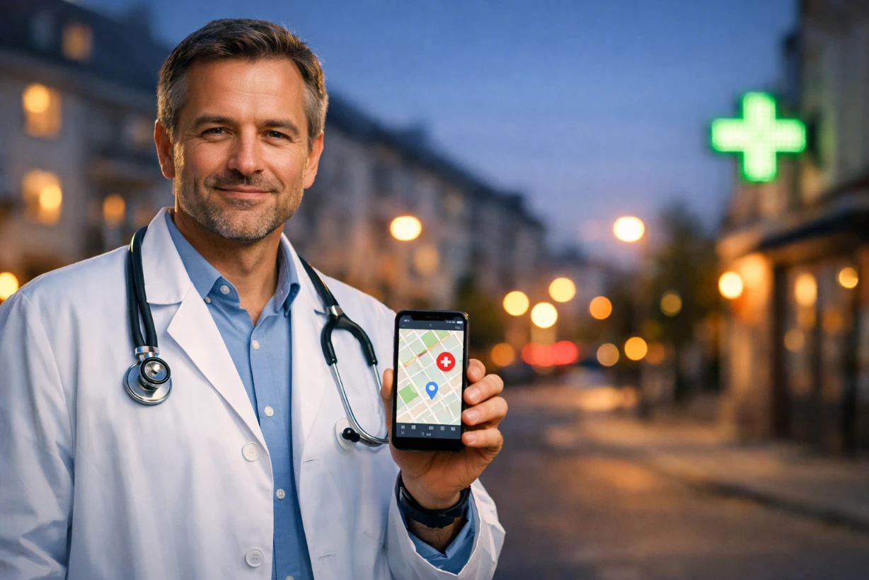 Médecin de garde souriant tenant un smartphone avec carte médicale en ville au crépuscule.