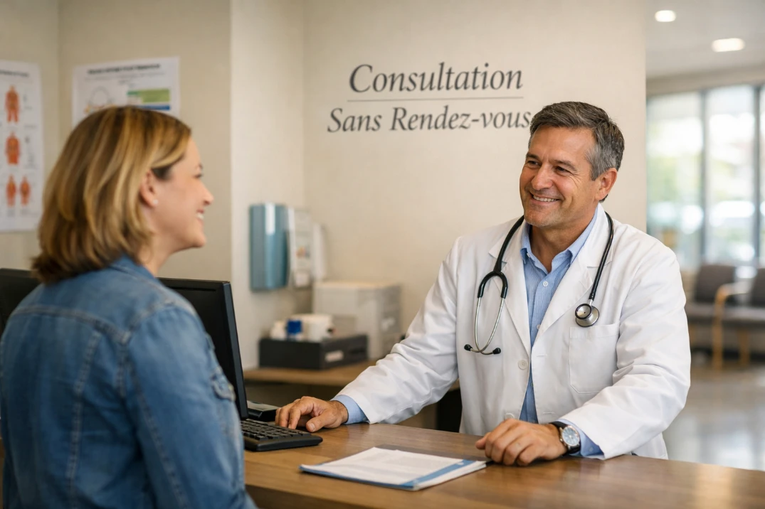 Médecin généraliste accueillant un patient sans rendez-vous dans une clinique moderne lumineuse.