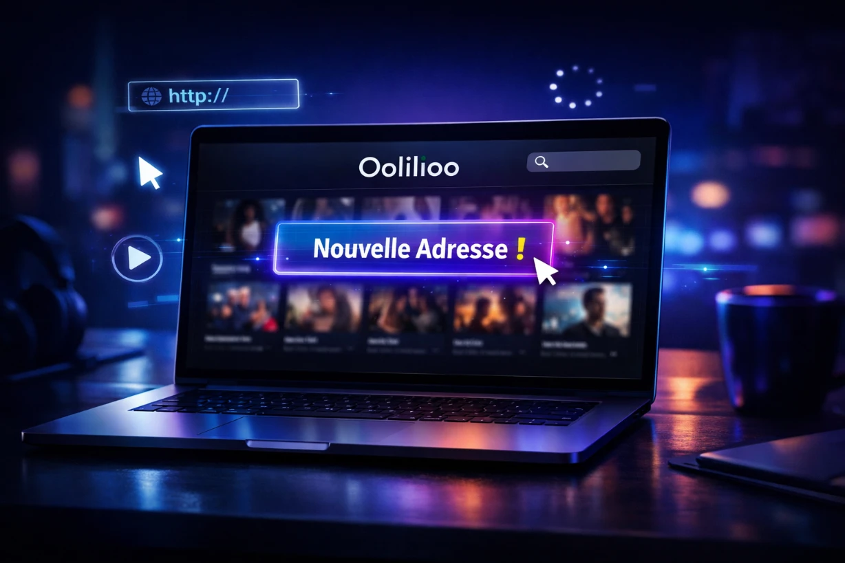 Ordinateur portable affichant Oolilioo dans une ambiance néon bleue et violette moderne.
