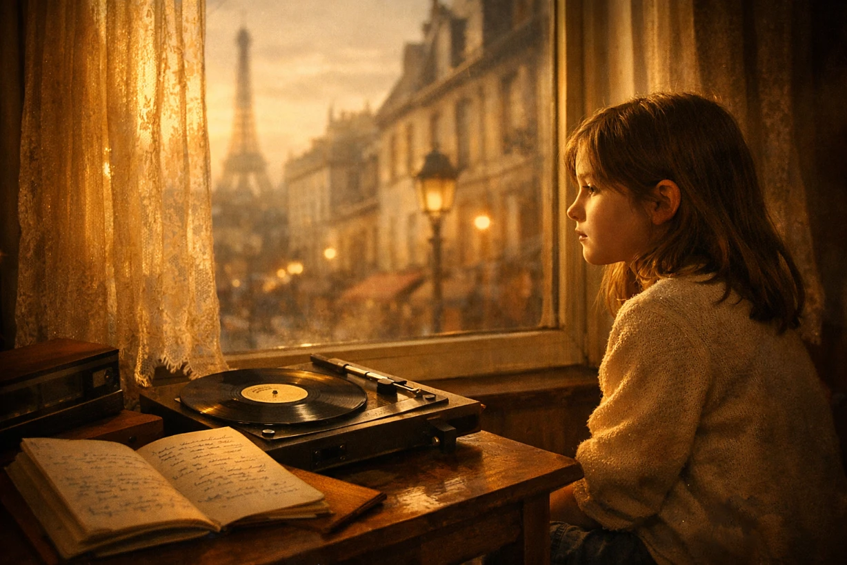 Fillette rêveuse près d’une fenêtre parisienne au coucher du soleil, ambiance nostalgique chaleureuse.