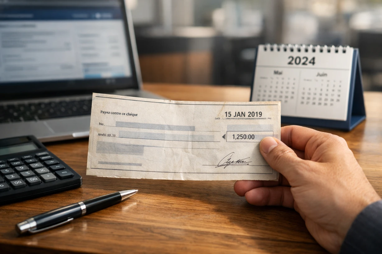 Chèque daté de 2019 tenu en main sur un bureau avec calendrier 2024 et calculatrice.