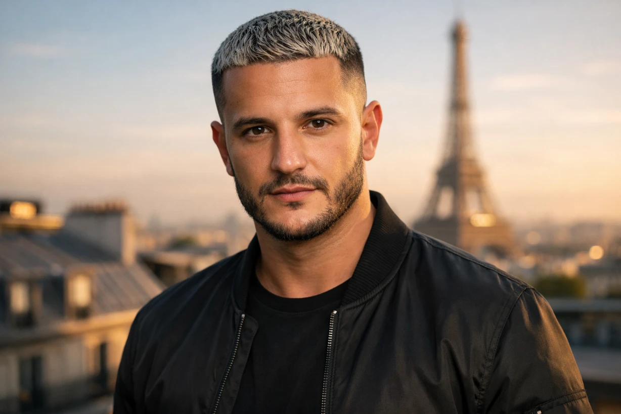 Portrait réaliste d’un homme barbu sans lunettes sur un rooftop parisien au coucher du soleil.