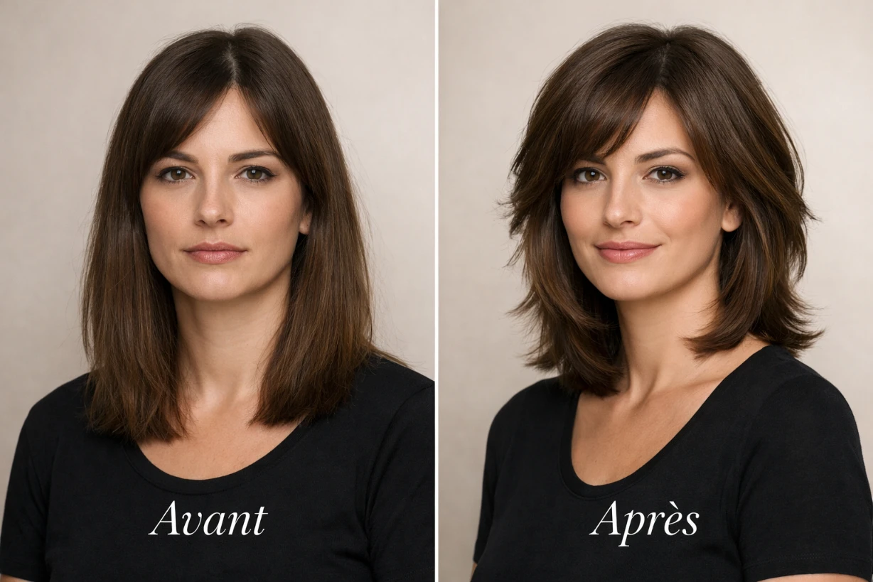 Avant/après d’une coupe effilée dégradée moderne avec volume et légèreté élégante.