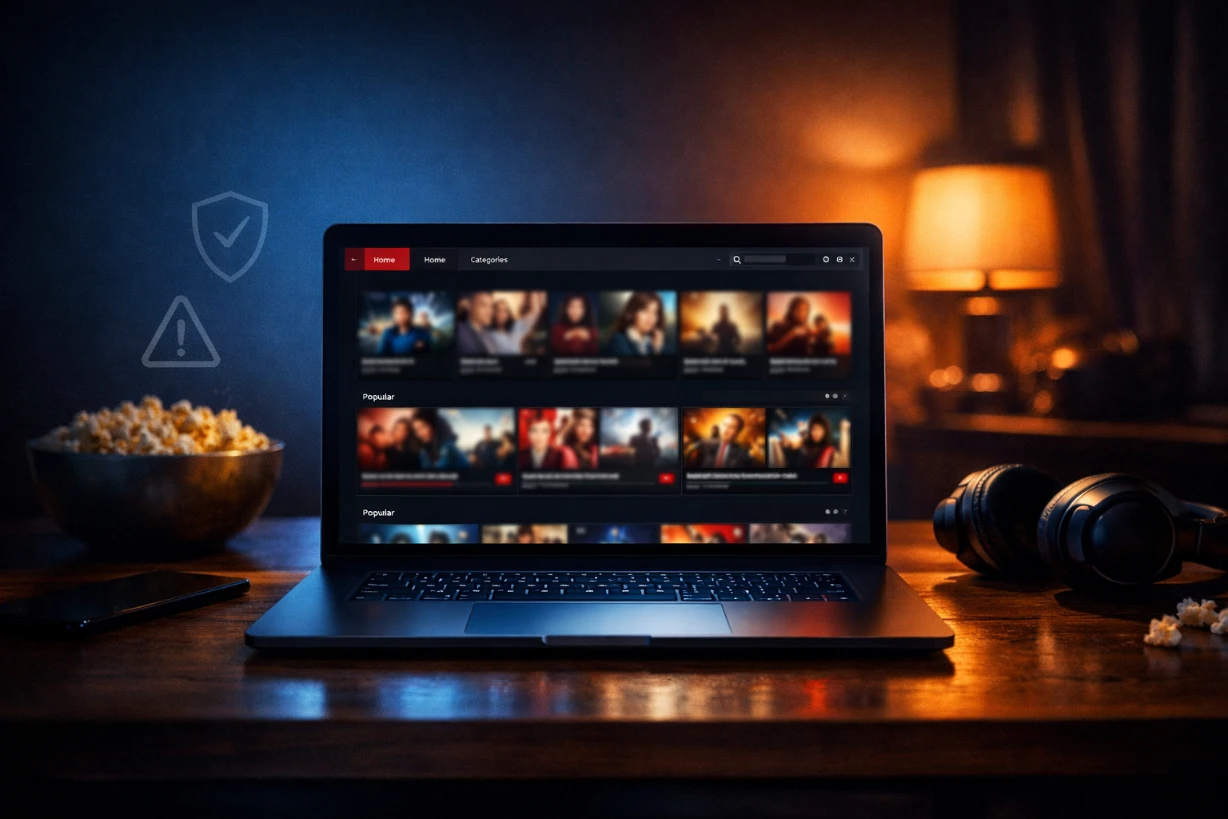 Ordinateur portable affichant un site de streaming dans une ambiance sombre et cinématographique.