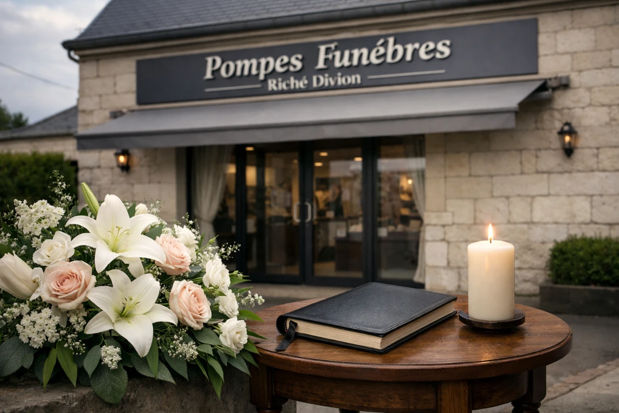 Façade des Pompes Funèbres à Divion avec fleurs blanches et bougie allumée devant l’entrée.