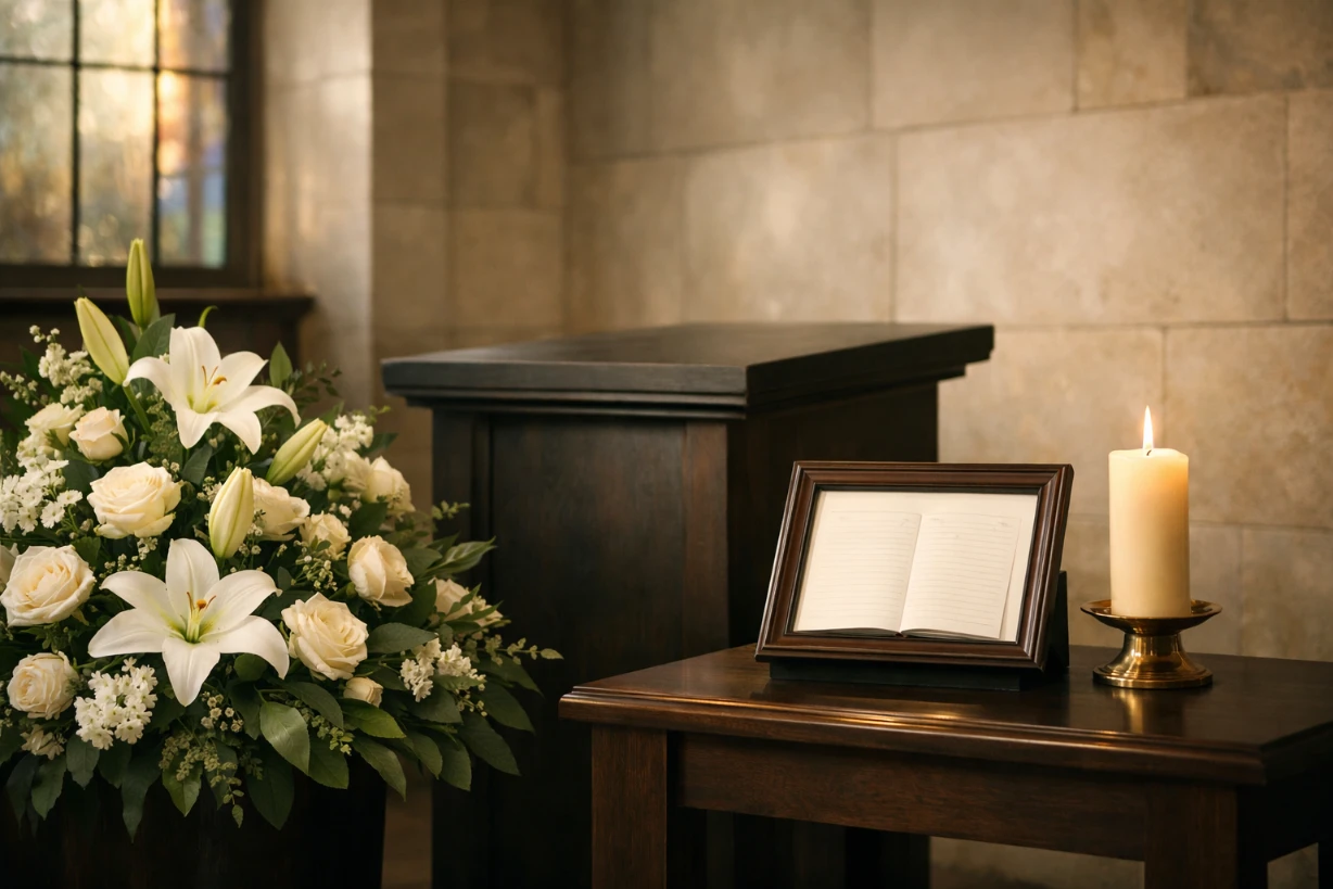 Chapelle funéraire lumineuse avec fleurs blanches, livre de condoléances et bougie allumée.