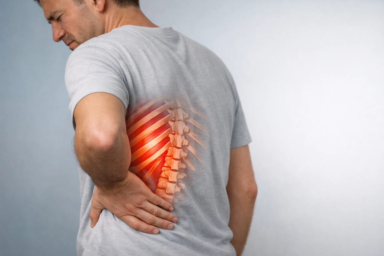 Personne tenant le côté droit du dos, douleur à la respiration, illustration médicale sobre.