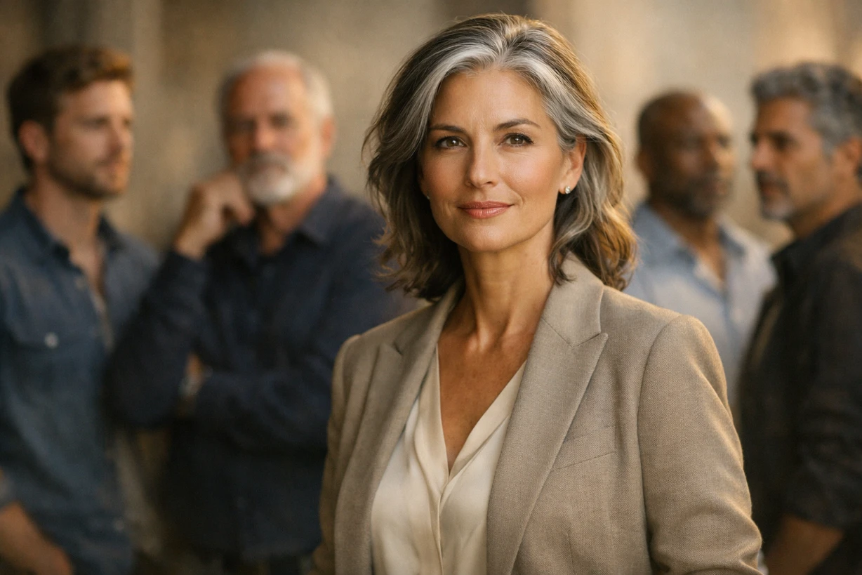 Femme élégante d’une cinquantaine d’années, confiante, au premier plan, avec des hommes flous en arrière-plan.