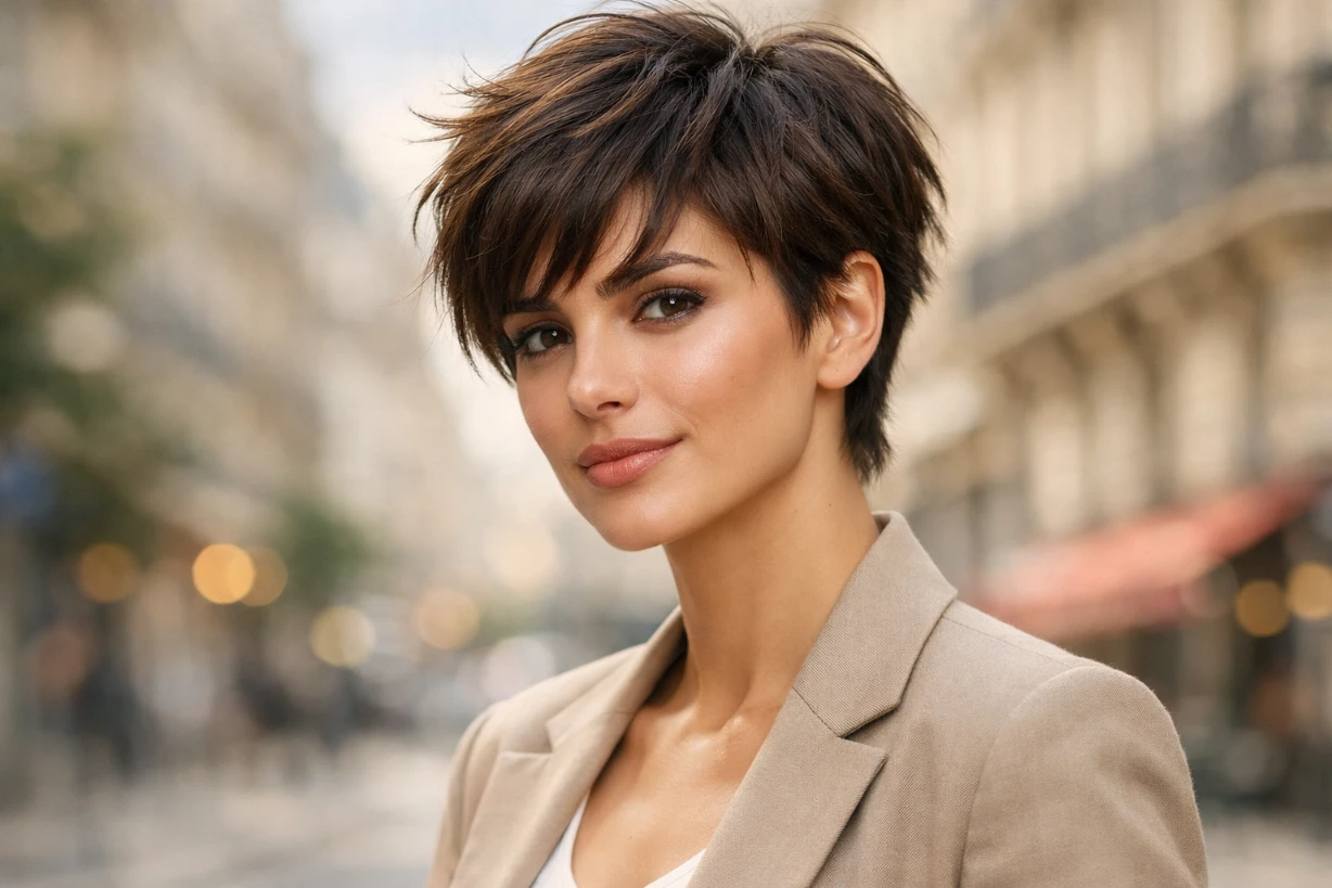 Femme moderne avec coupe effilée dégradée courte, look chic et lumineux parisien.
