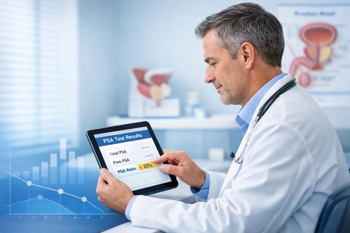 Médecin consultant un rapport PSA sur tablette dans un cabinet médical moderne lumineux.