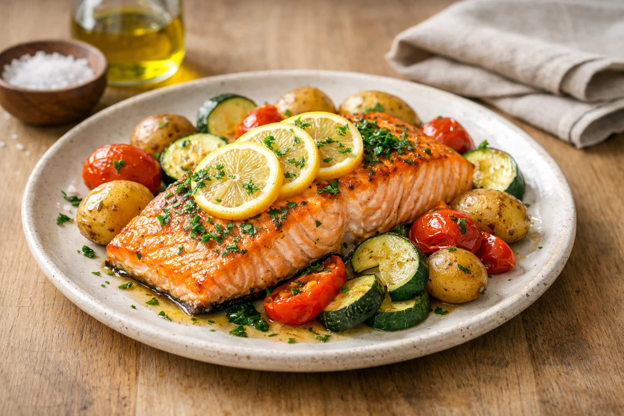 Saumon au four doré au citron et herbes, servi avec légumes rôtis sur assiette rustique.
