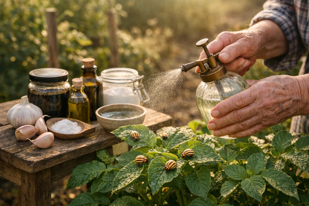 Mains âgées pulvérisant un remède naturel sur des plants de pommes de terre infestés de doryphores.