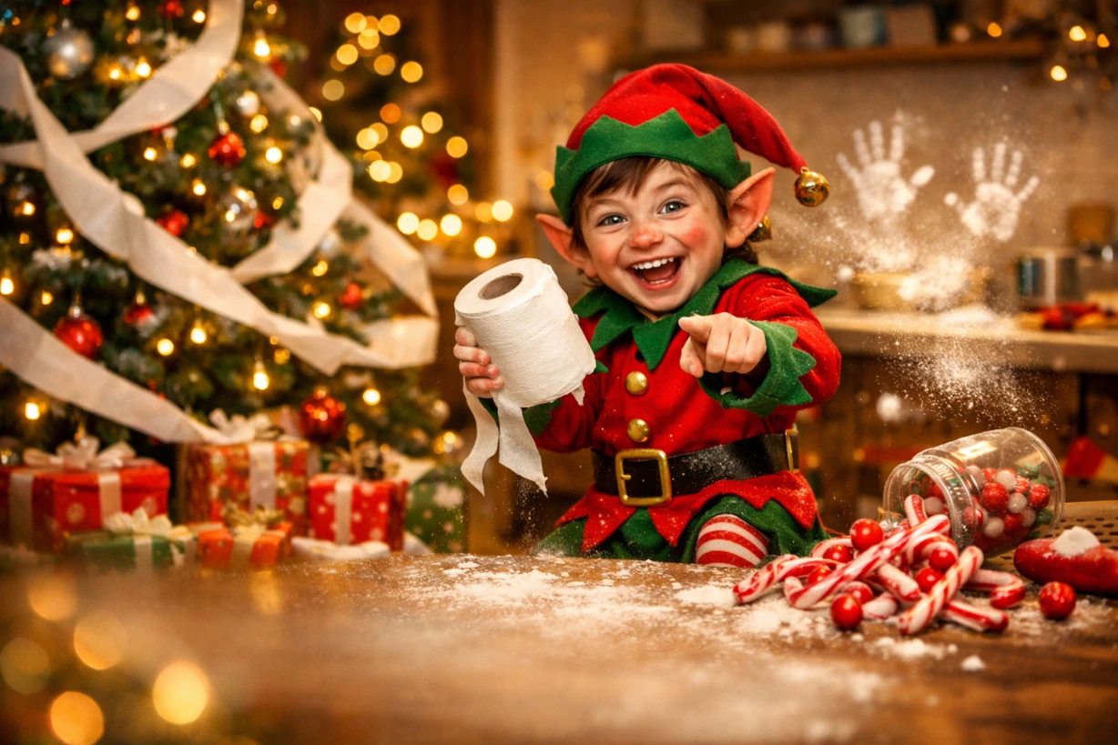 Lutin farceur riant devant un sapin décoré, semant farine et bêtises de Noël.