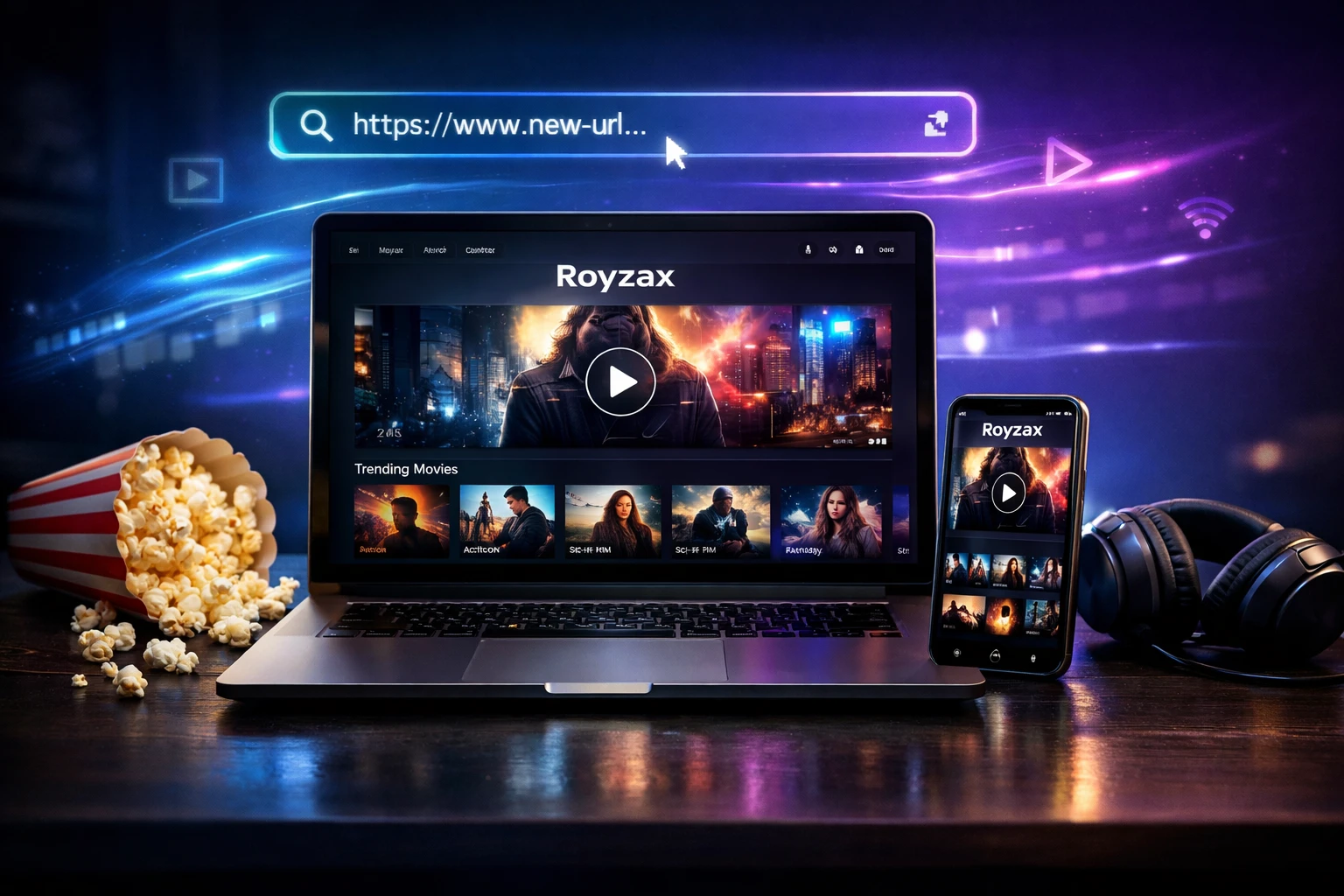 Ordinateur et smartphone affichant une plateforme de streaming moderne néon bleu violet.