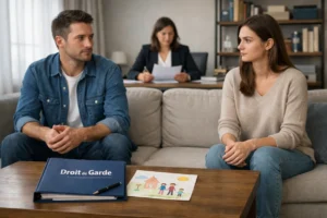 Couple non marié en consultation chez un avocat pour un droit de garde d’enfant.