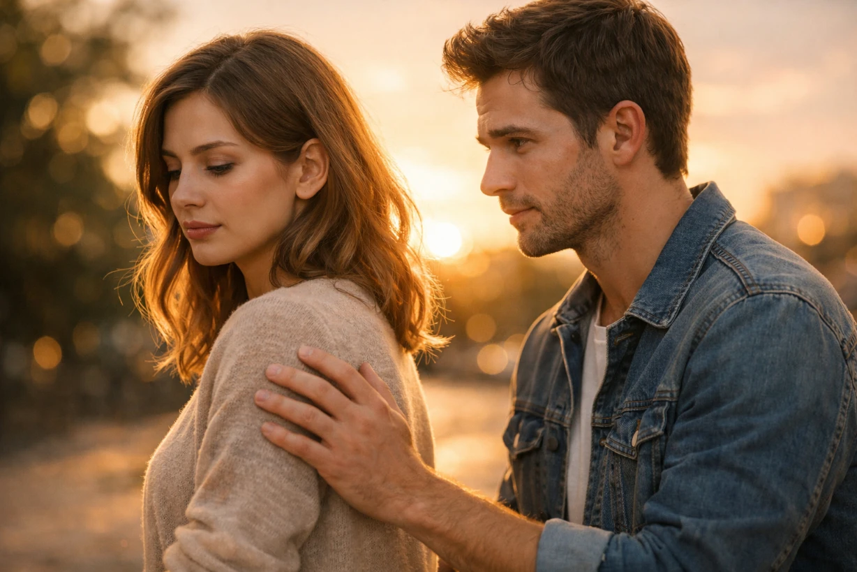 Couple au coucher du soleil, tension et tendresse dans un moment d’émotion sincère.