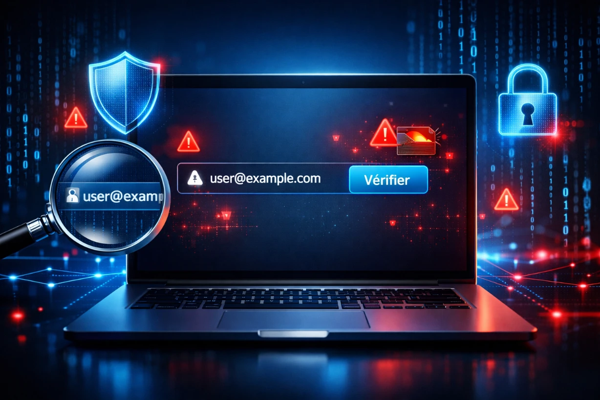 Vérification d’une adresse mail piratée sur ordinateur avec alertes de sécurité numériques.