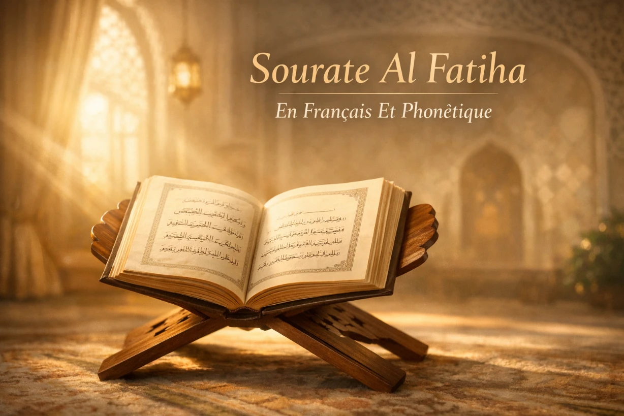 Coran ouvert sur un rehal éclairé d’une lumière dorée dans une mosquée paisible et élégante.