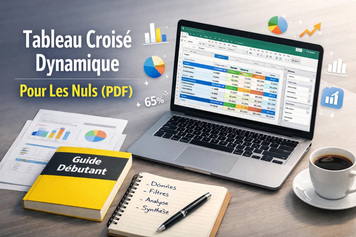 Bureau moderne avec ordinateur affichant un tableau croisé dynamique et guide PDF débutant.