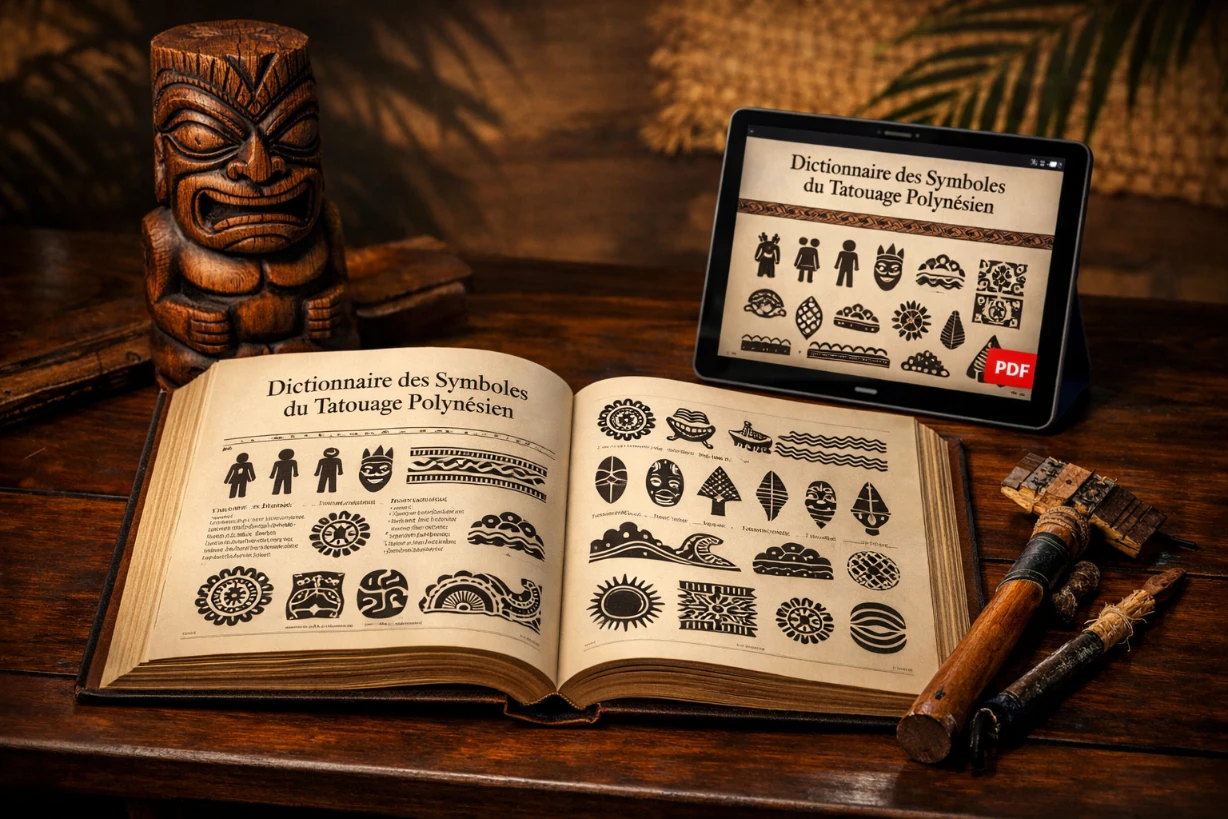 Livre ouvert sur les symboles polynésiens avec tablette PDF sur bureau en bois exotique chaleureux.