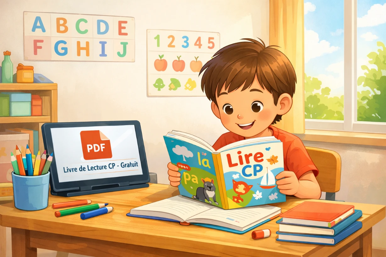 Enfant lisant un livre de lecture CP coloré à un bureau, avec tablette PDF et matériel scolaire lumineux.