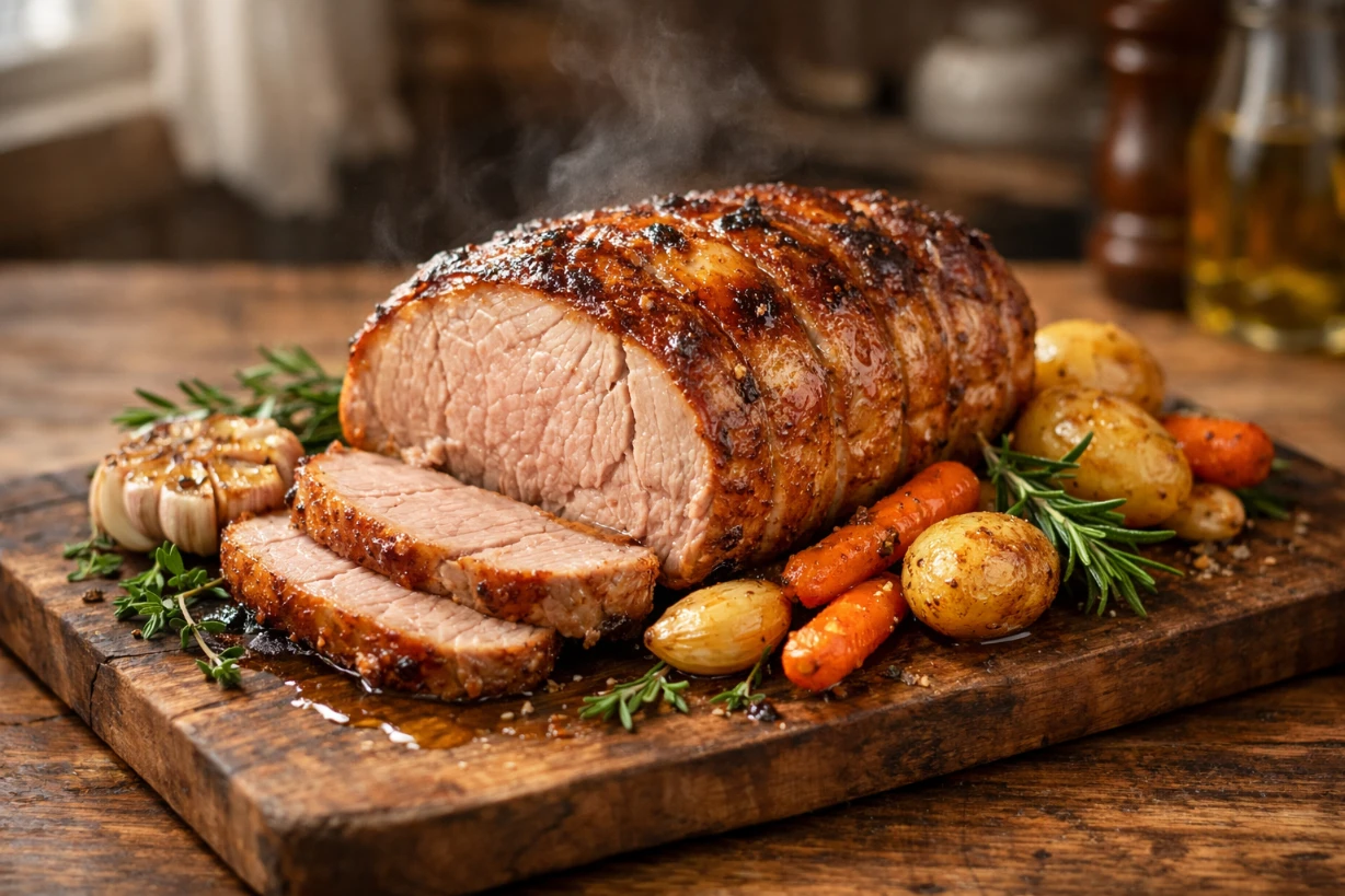 Rôti de veau doré au four, tranché, servi avec légumes rôtis et herbes fraîches.