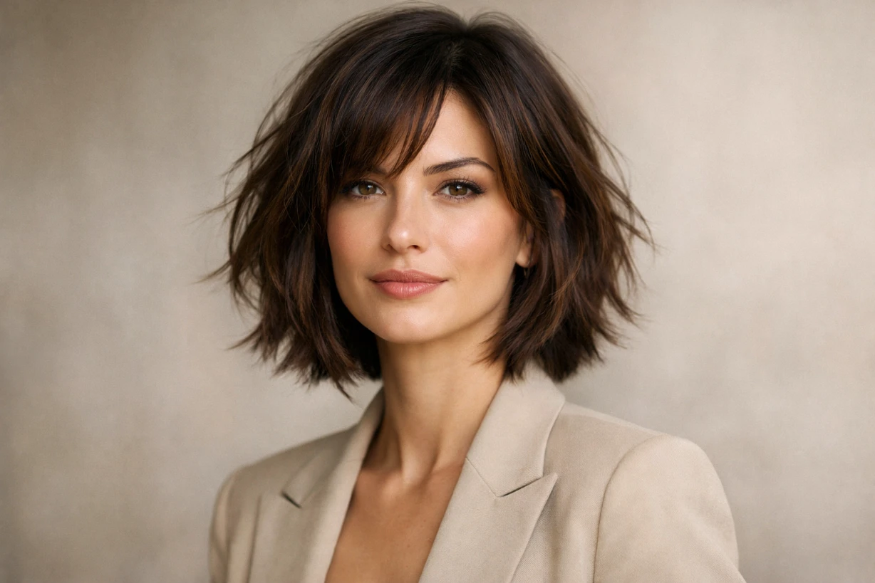 Femme moderne au carré destructuré effilé brun, style chic parisien naturel élégant.