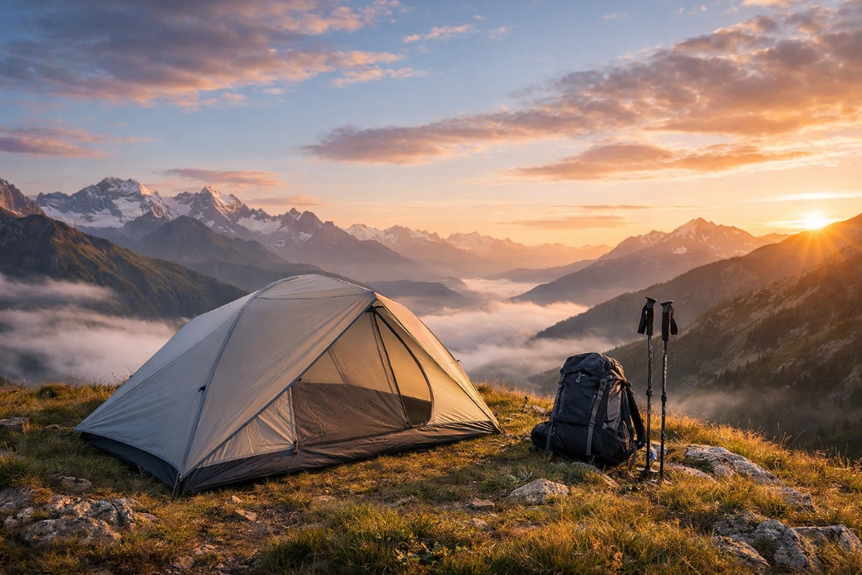 Tente ultra-légère installée en montagne au lever du soleil avec sac et bâtons de randonnée.