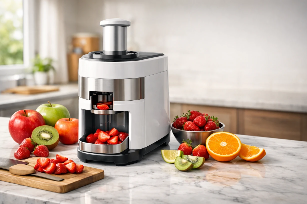 Appareil Stylfruit sur plan de travail, entouré de fruits frais tranchés et entiers lumineux.