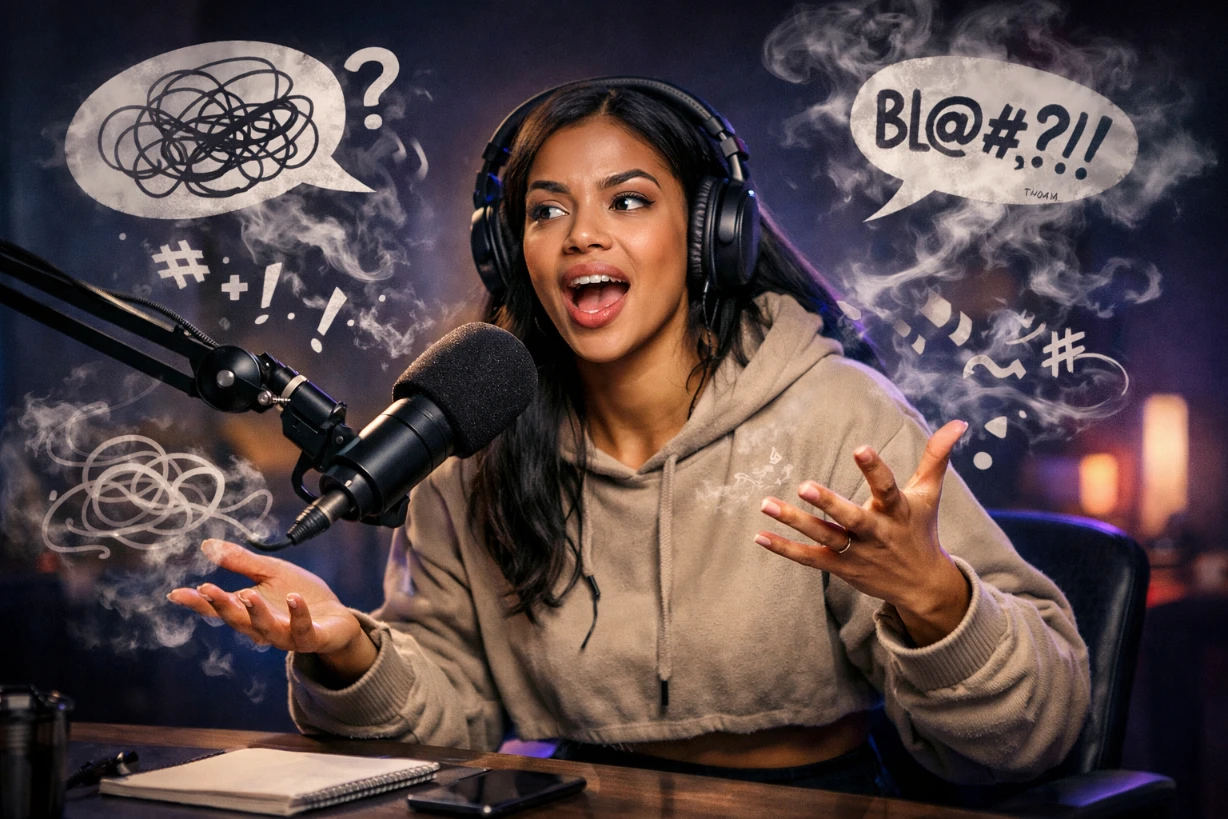 Podcasteuse animée parle au micro, bulles chaotiques flottent autour d’elle en studio sombre.