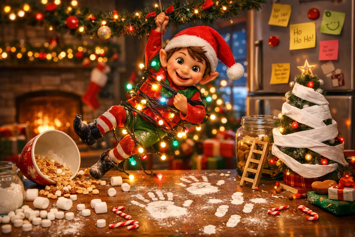 Lutin farceur de Noël faisant des bêtises dans un salon décoré et festif.
