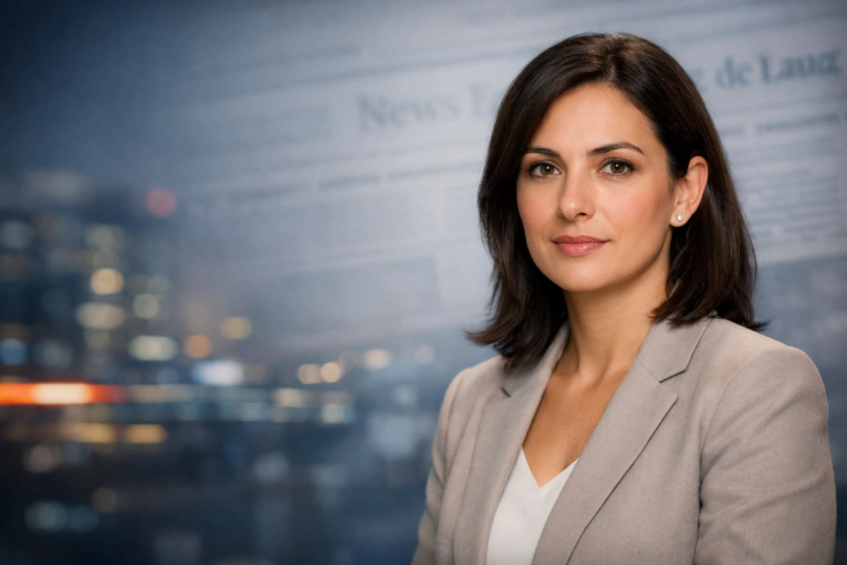 Portrait d’une femme élégante en tenue professionnelle sur fond de salle de rédaction floutée.