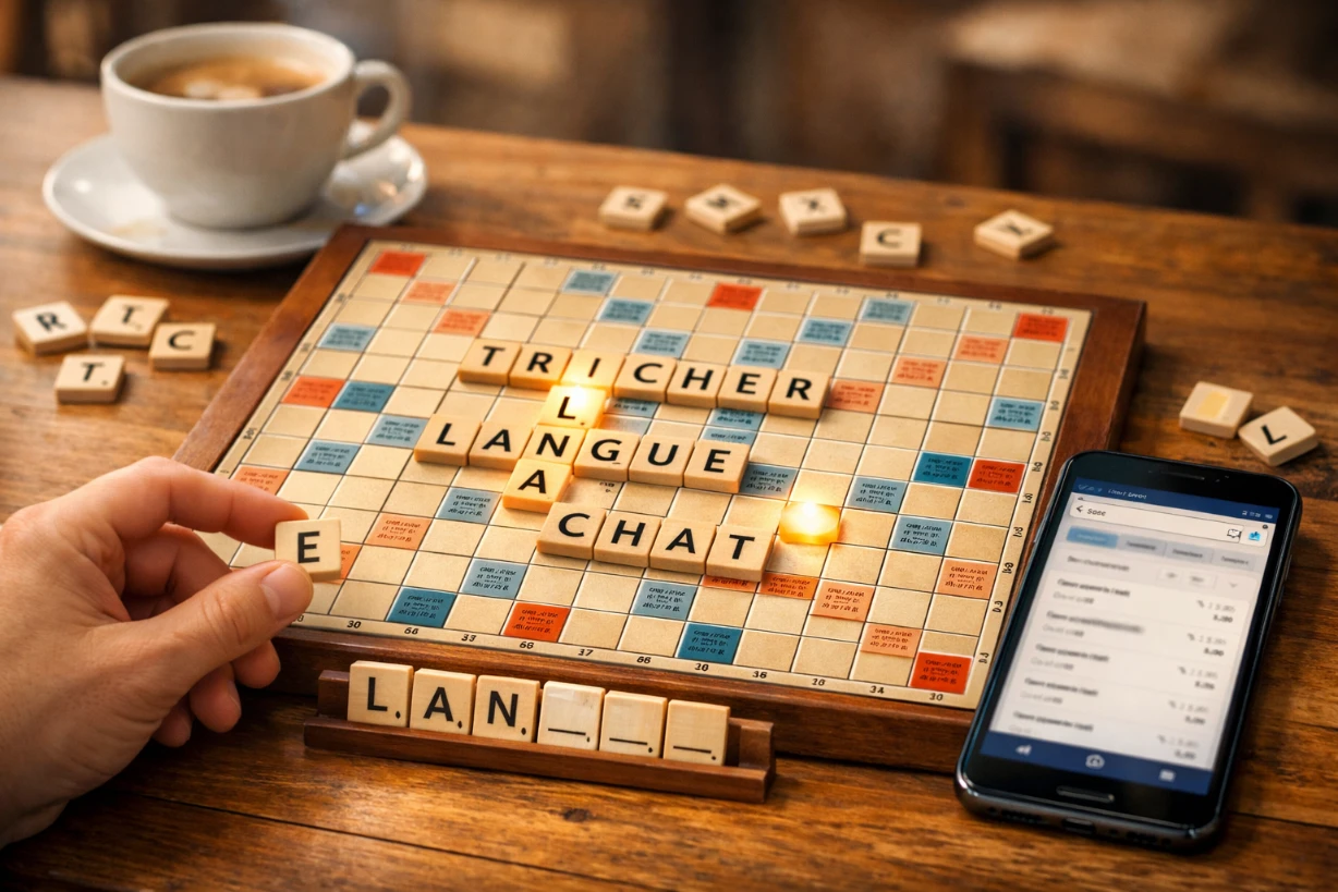 Main tenant une lettre au Scrabble, smartphone aide mots posé à côté sur table chaleureuse.
