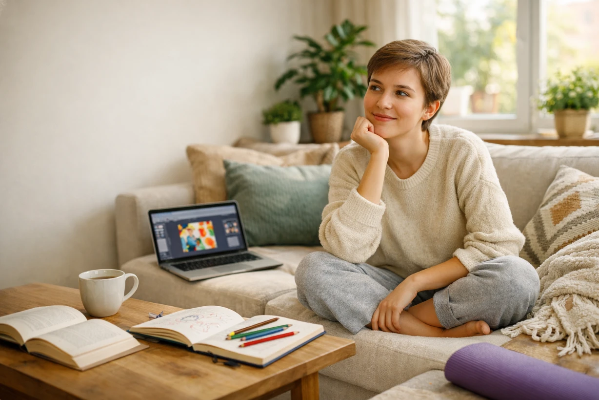 Jeune adulte détendu sur canapé lumineux entouré d’activités créatives à la maison.