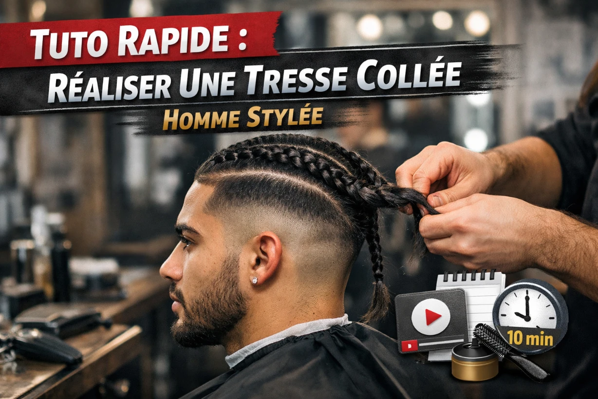 Homme en salon de coiffure réalisant une tresse collée avec dégradé soigné et style moderne tendance.