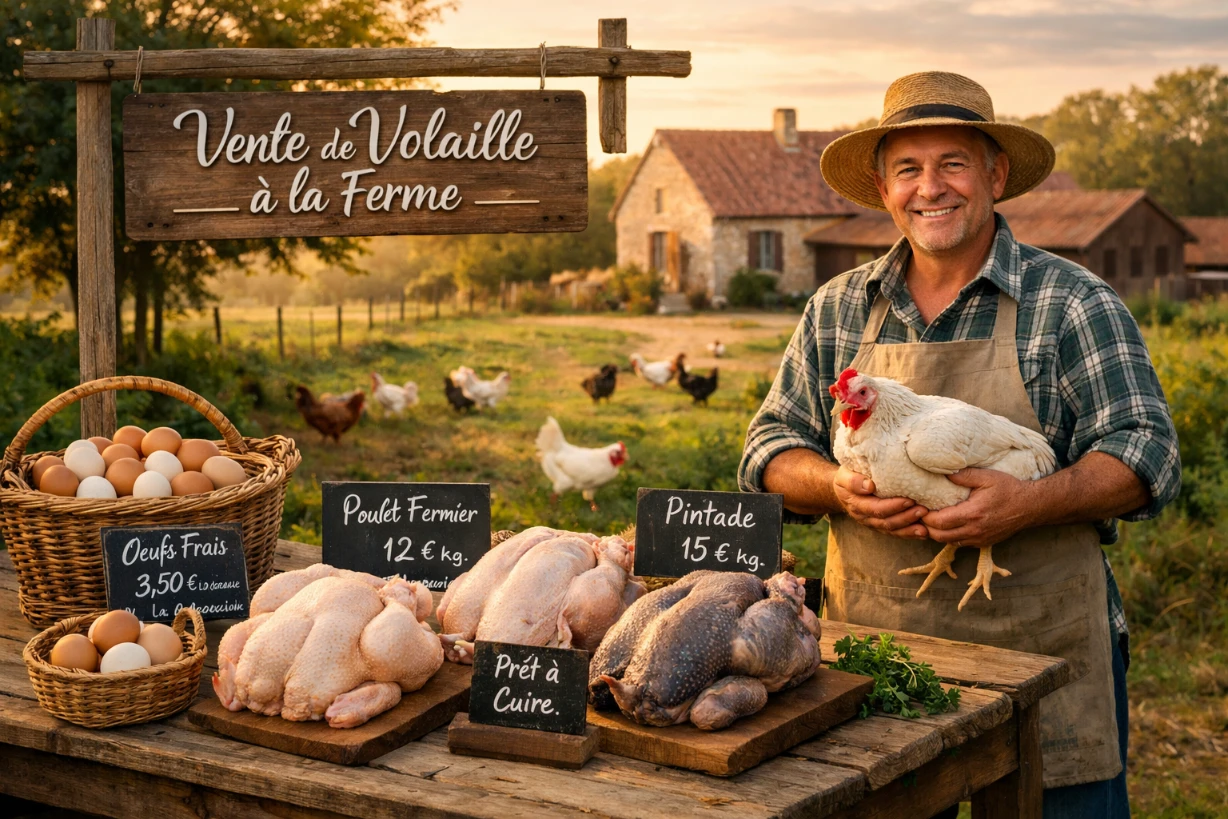 Ferme française au coucher du soleil, vente de volaille et œufs frais à la ferme.