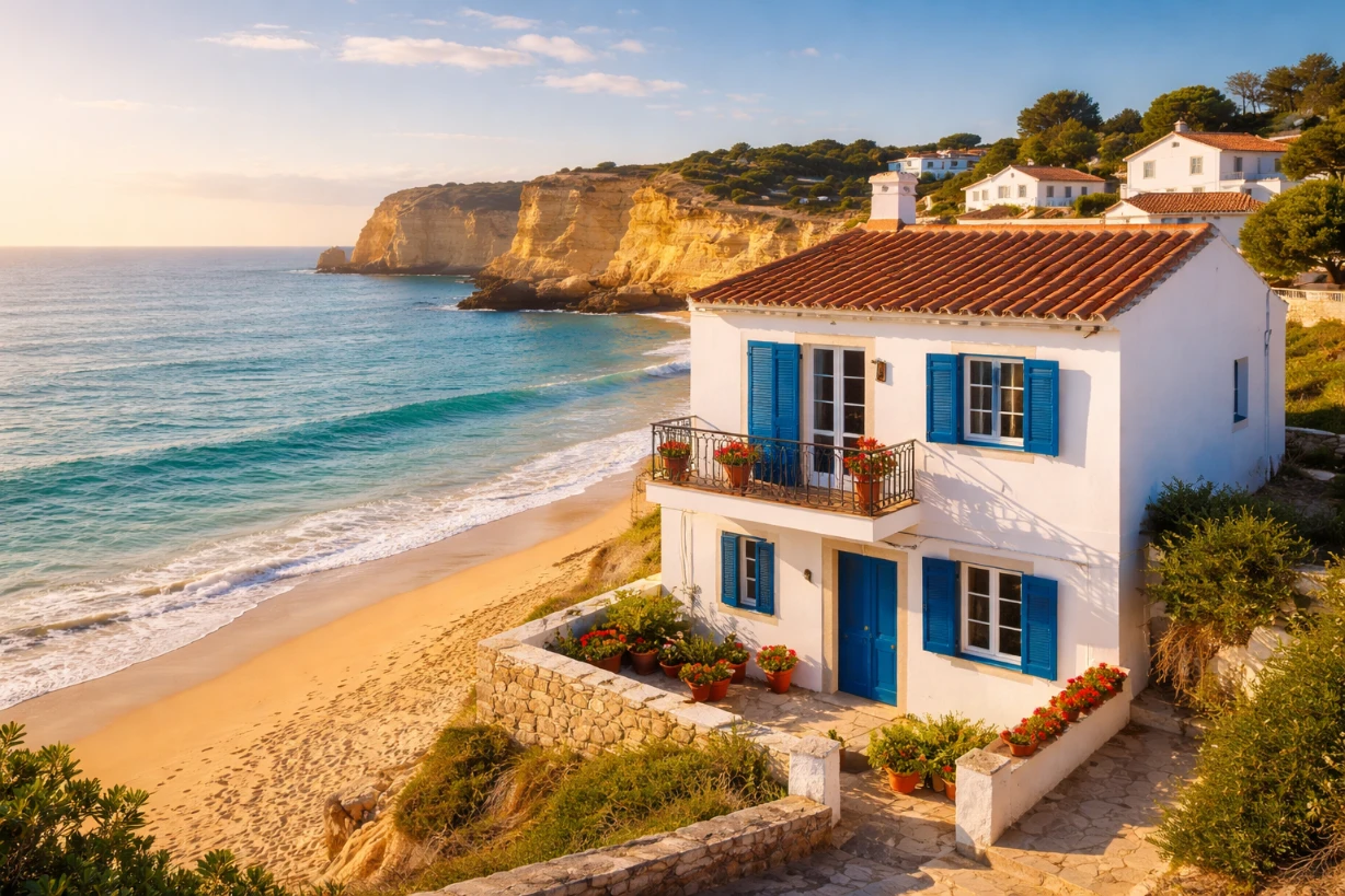 Maison blanche en bord de mer en Algarve, plage dorée et falaises au coucher du soleil lumineux calme.