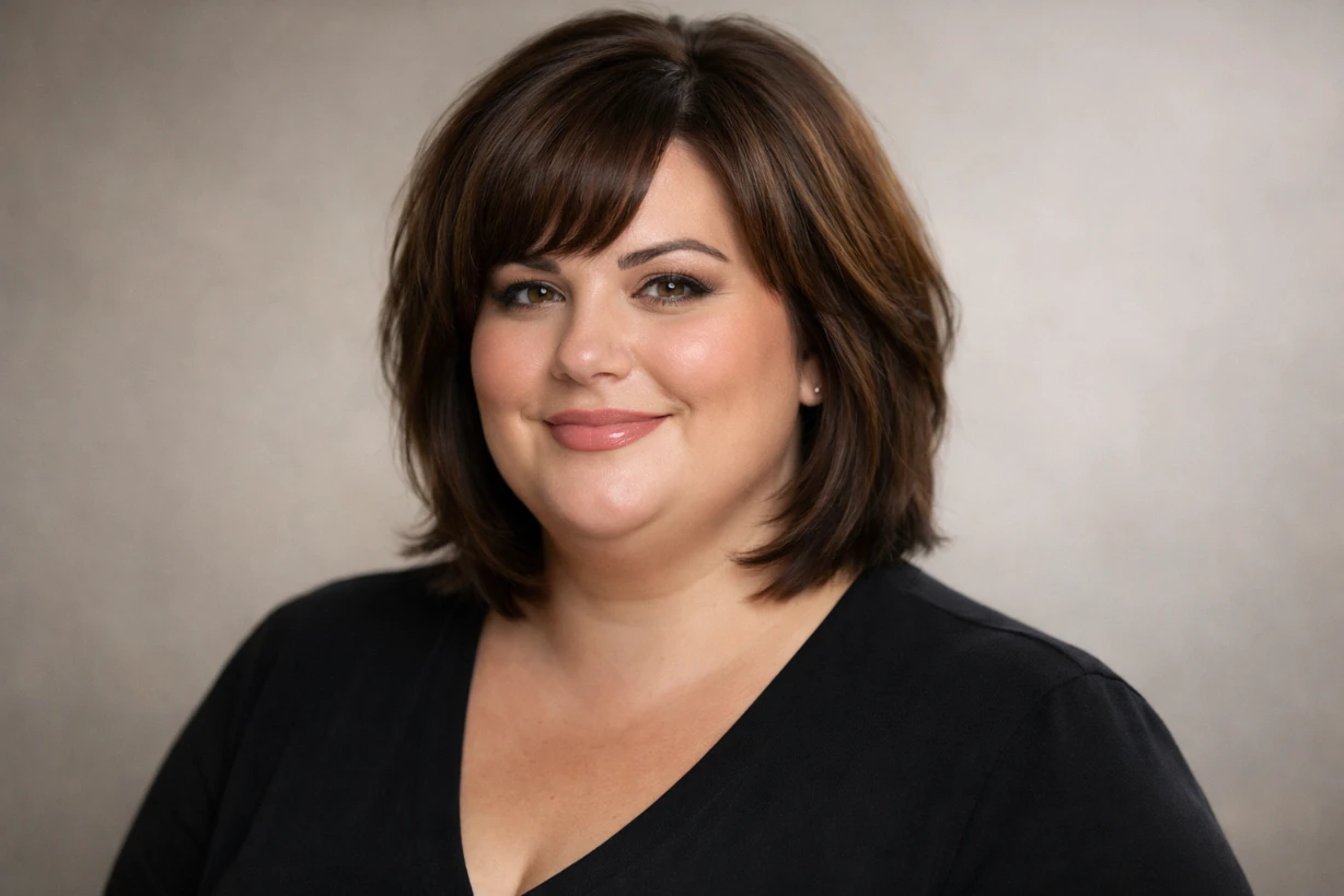 Femme ronde souriante avec coupe mi-longue moderne affinant le visage, fond neutre élégant.